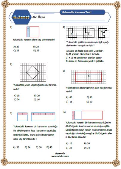 4. Sınıf Matematik Alan Ölçme Kazanım Testi