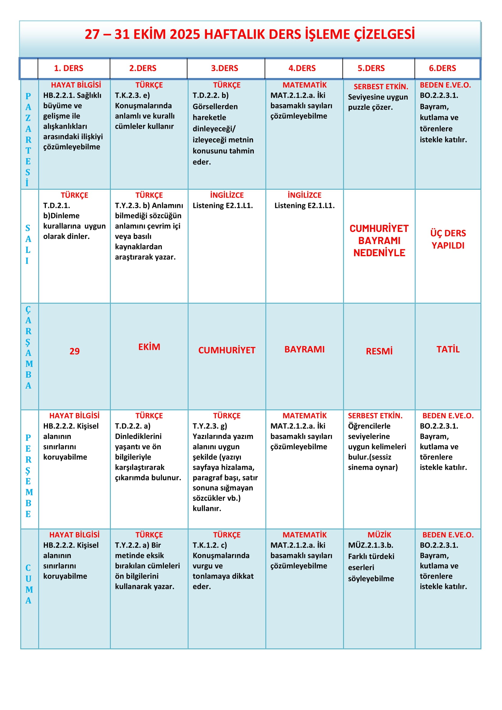 2.Sınıf 27 - 31 Ekim 2025 Haftalık Ders İşleme Çizelgesi.doc