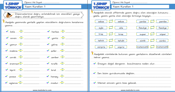 1.Sınıf Türkçe Yazım Kuralları Etkinliği 1