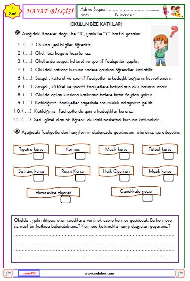 3. Sınıf Hayat Bilgisi  Okulun Bize Katkıları Etkinliği