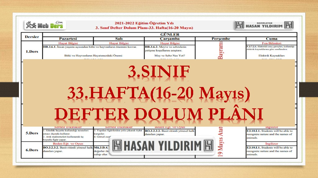 3.Sınıf 33.Hafta(16-20 Mayıs) Defter Dolum Planı