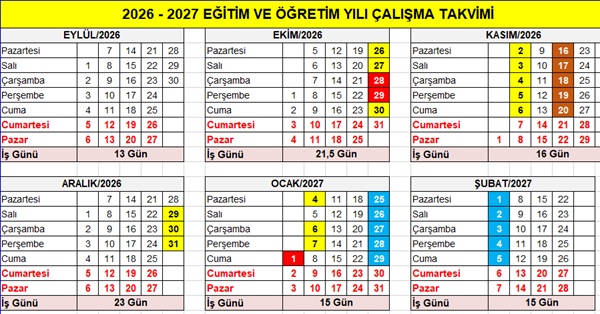 2026-2027 Eğitim Öğretim Yılı Çalışma ve İş Günü Takvimi