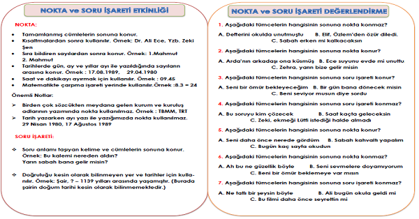 3.Sınıf Türkçe DilBilgisi Nokta ve Soru İşareti