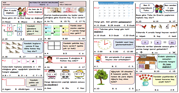 1.Sınıf -Matematik Seviye Belirleme Test-2