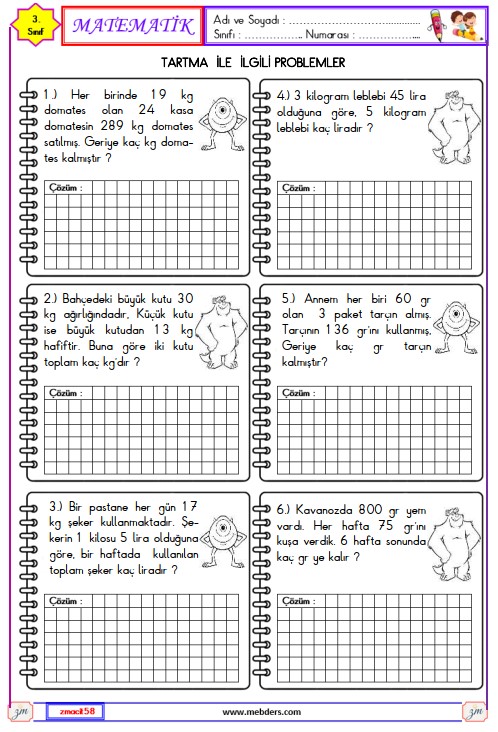3. Sınıf Matematik Tartma ile İlgili Problemler Etkinliği 2