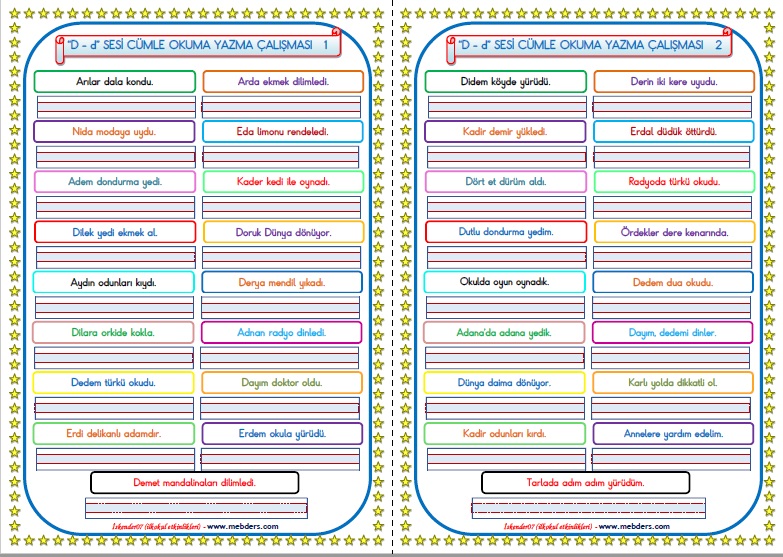 1.Sınıf D-d Sesi Cümle Okuma Yazma Çalışması  (2 SAYFA - 34 Farklı Cümle)