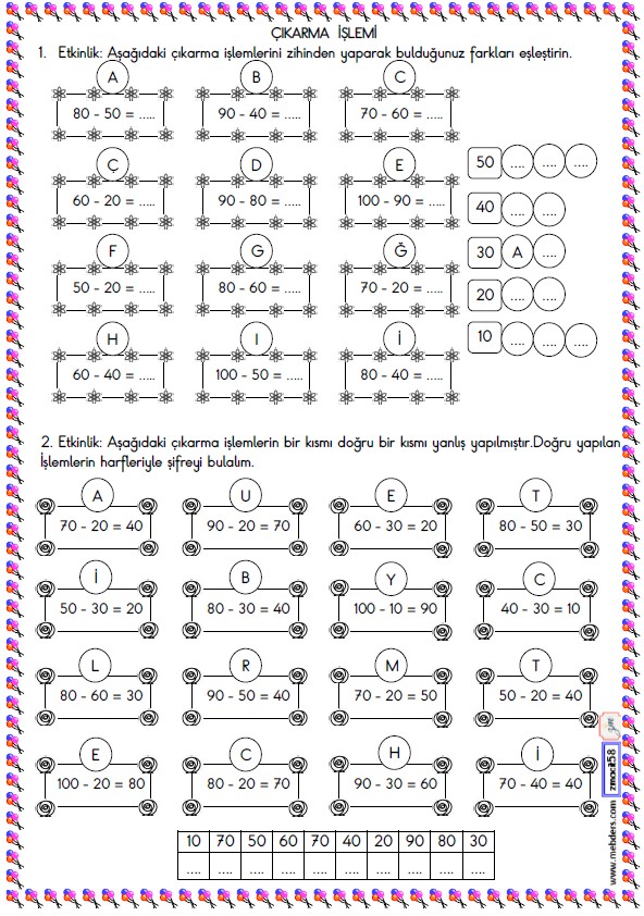 2. Sınıf Matematik Zihinden Çıkarma İşlemi Etkinliği 1