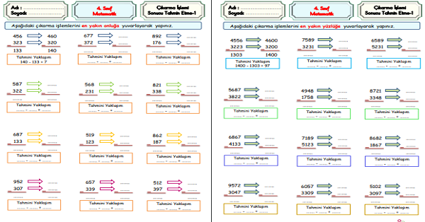 4.Sınıf Matematik Çıkarma İşlemi Sonucu Tahmin Etme-1