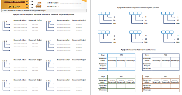 3.Sınıf Matematik Basamak Adları ve Basamak Değeri Etkinliği 1