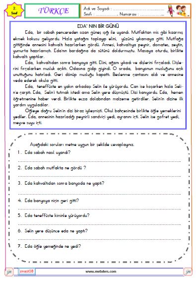2. Sınıf Türkçe Okuma ve Anlama Metni Etkinliği (Eda'nın Bir Günü)