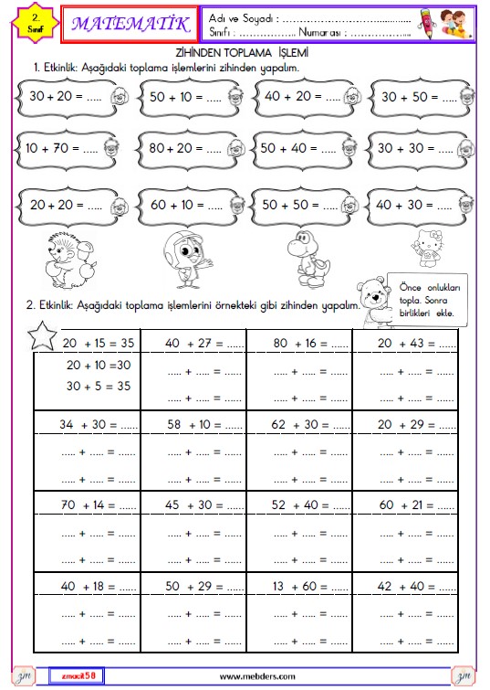 2. Sınıf Matematik Zihinden Toplama İşlemi Etkinliği 1