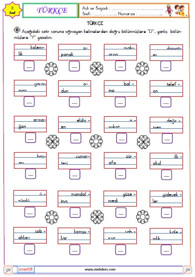 2. Sınıf Türkçe Satır Sonuna Sığmayan Kelimeler Etkinliği