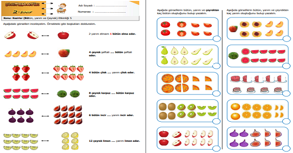 2.Sınıf Matematik Kesirler (Bütün, yarım ve Çeyrek) Etkinliği 5