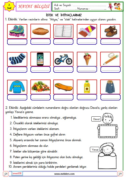 2. Sınıf Hayat Bilgisi İstek ve İhtiyaçlarımız Etkinliği