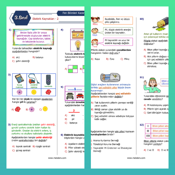 3. Sınıf Fen Bilimleri Elektrik Kaynakları-2 Kazanım Testi