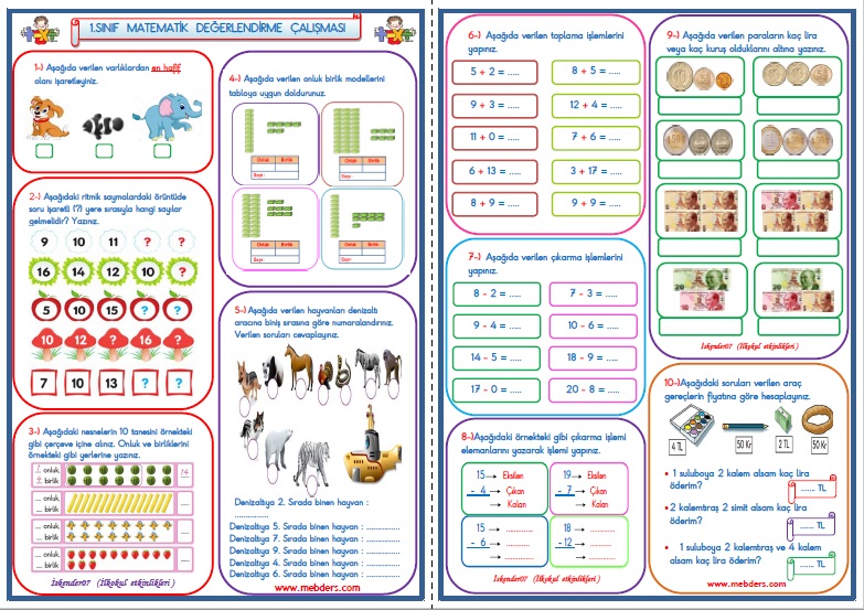 1.Sınıf Matematik Dersi Genel Değerlendirme Çalışması  2   (4 Sayfa)