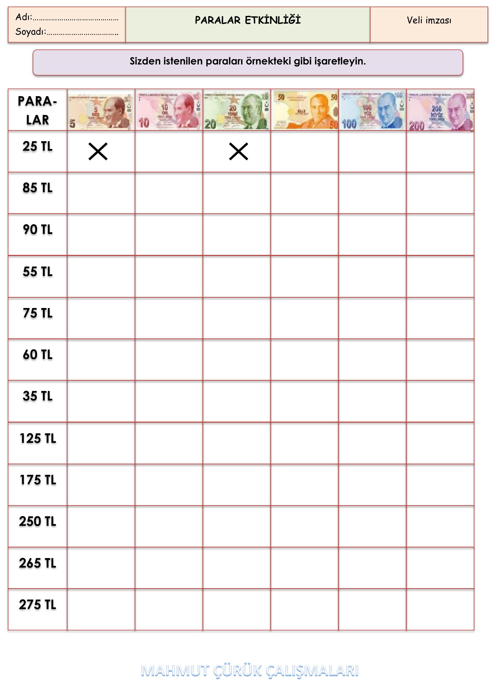 2.Sınıf - Matematik - Paralarımız Etkinliği-1