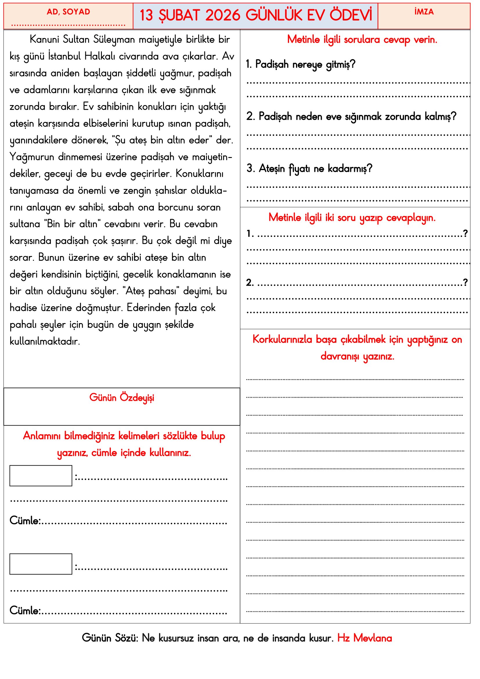 3.Sınıf - 13 Şubat 2026 Günlük Ev Ödevleri