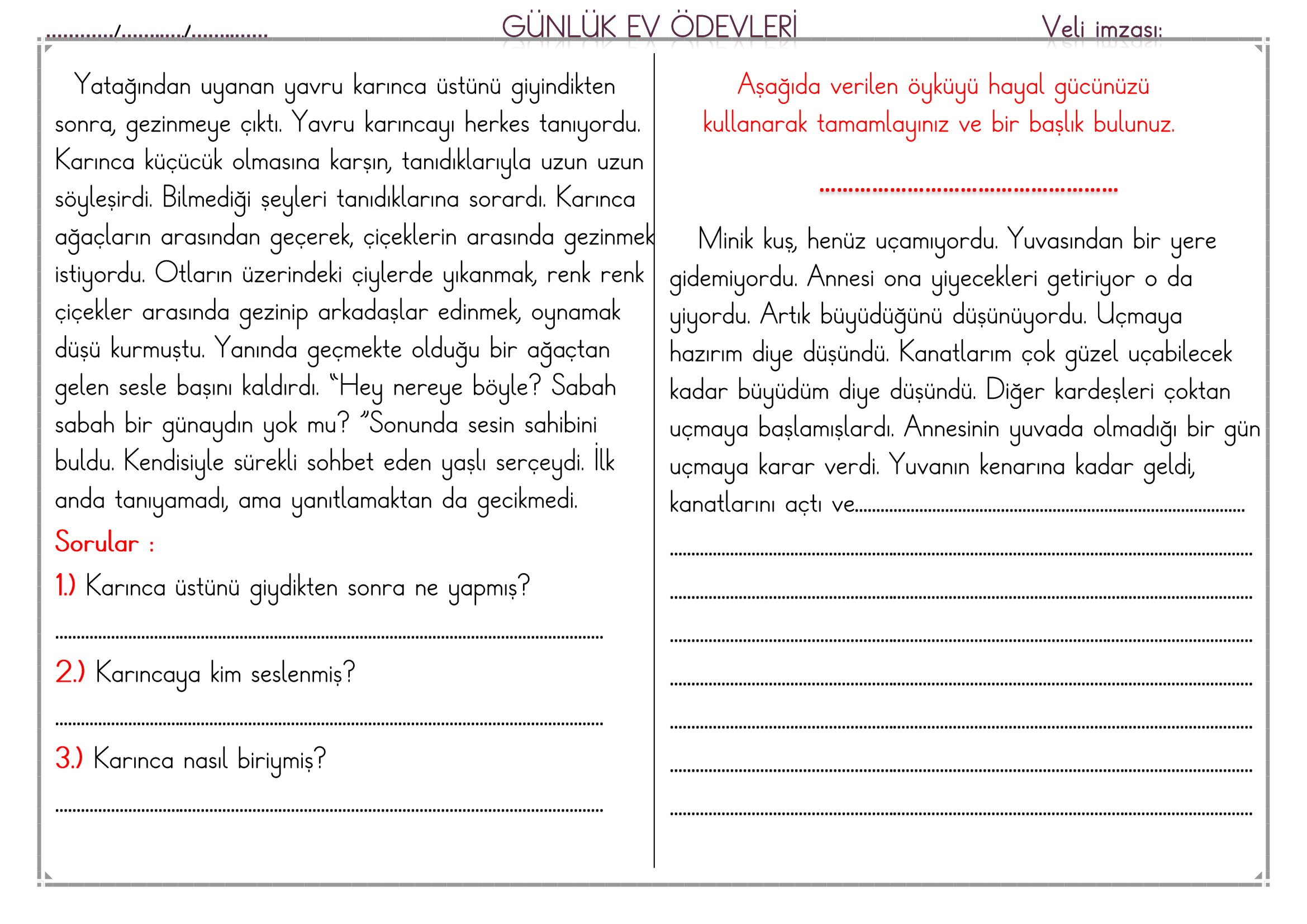 1.Sınıf - 10 Nisan 2026 Günlük Ev Ödevleri