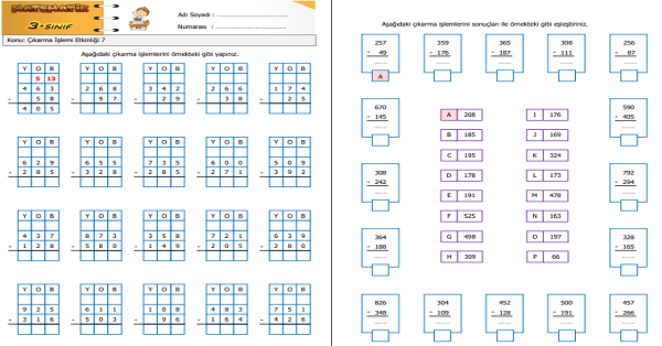 3.Sınıf Matematik Çıkarma İşlemi Etkinliği 7