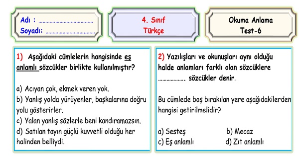 4.Sınıf Türkçe Okuma Anlama Sene Sonu Değerlendirme Testi 6