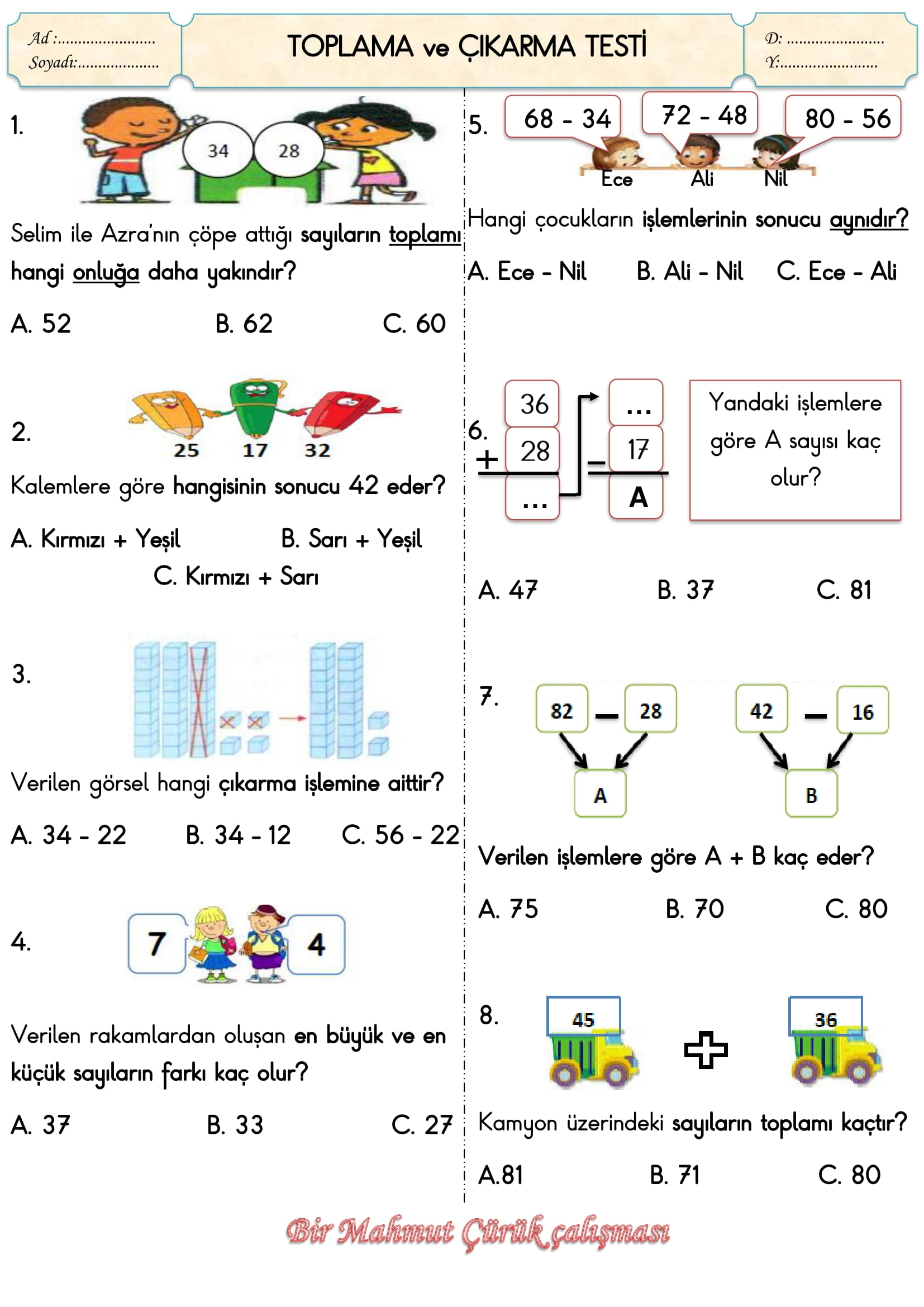 2.Sınıf Matematik Doğal Sayılarda Toplama ve Çıkarma Testi
