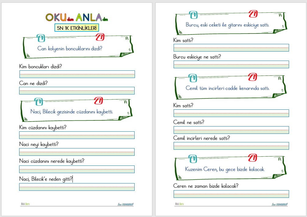 1. Sınıf İlk Okuma Yazma C Sesi Okuma Anlama (5N 1K)