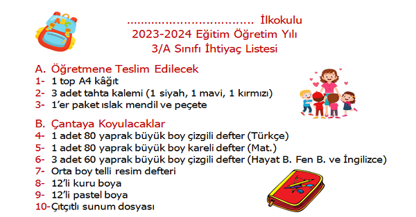 3.Sınıf İhtiyaç Listesi (Word)