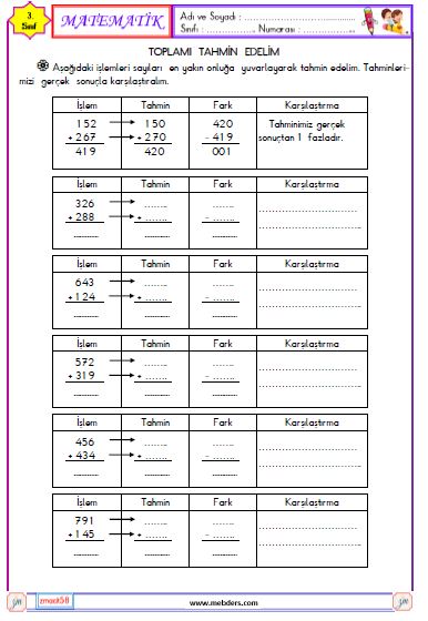 3. Sınıf Matematik Toplamı Tahmin Edelim Etkinliği 1