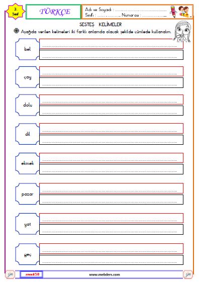 3. Sınıf Türkçe Sesteş Kelimeler Etkinliği