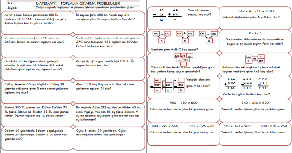 3.Sınıf - Matematik Toplama ve Çıkarma Problemleri-1