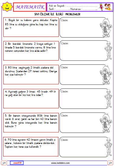 3. Sınıf Matematik Sıvıları Ölçme ile İlgili Problemler Etkinliği 3