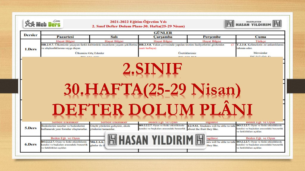 2.Sınıf 30.Hafta(25-29 Nisan) Defter Dolum Planı