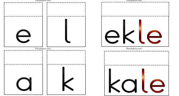 İpe asmak için 1.grup harflerle resimsiz ses, hece ve sözcük kartları