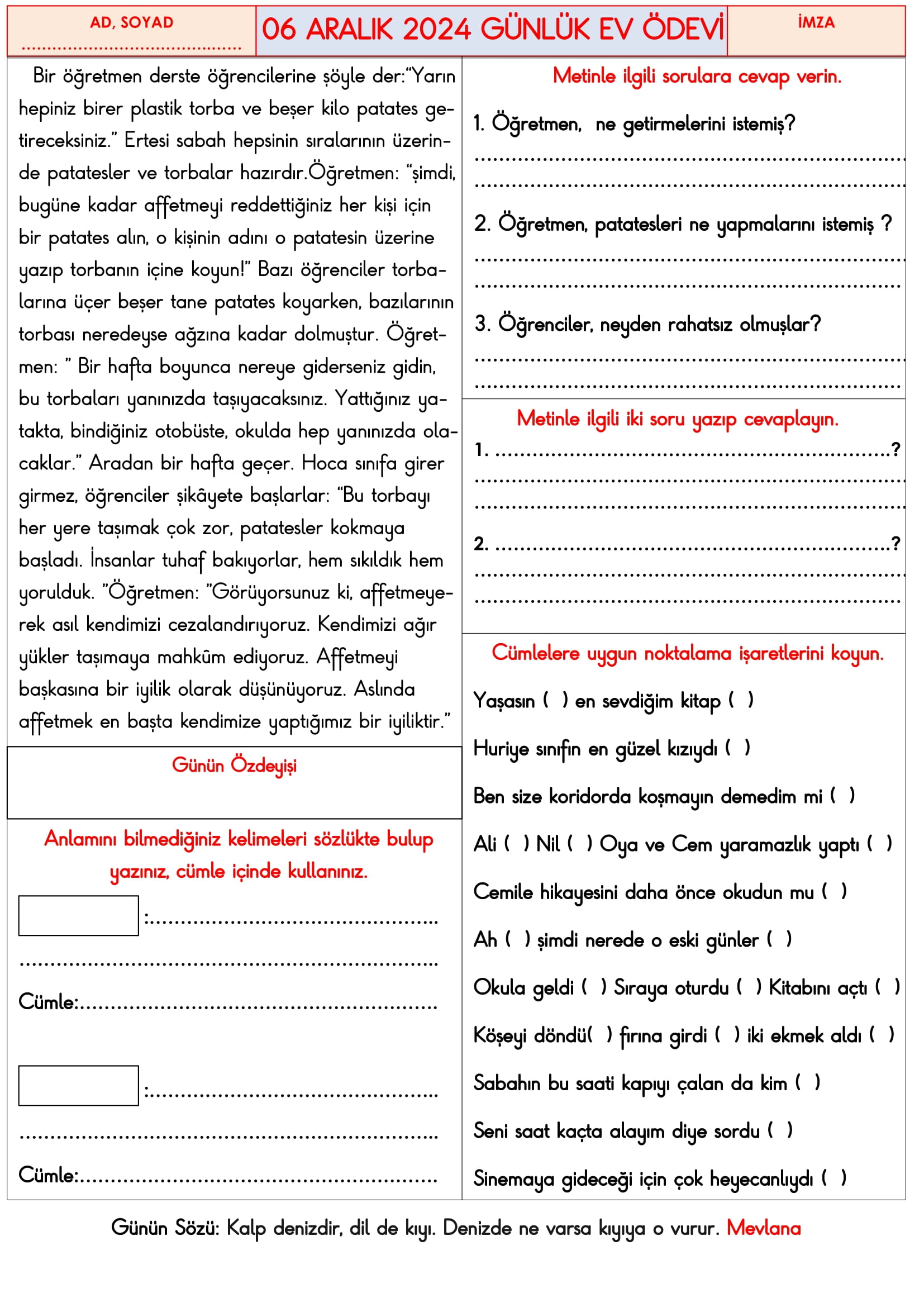3.Sınıf 06 Aralık 2024 Günlük Ev Ödevi