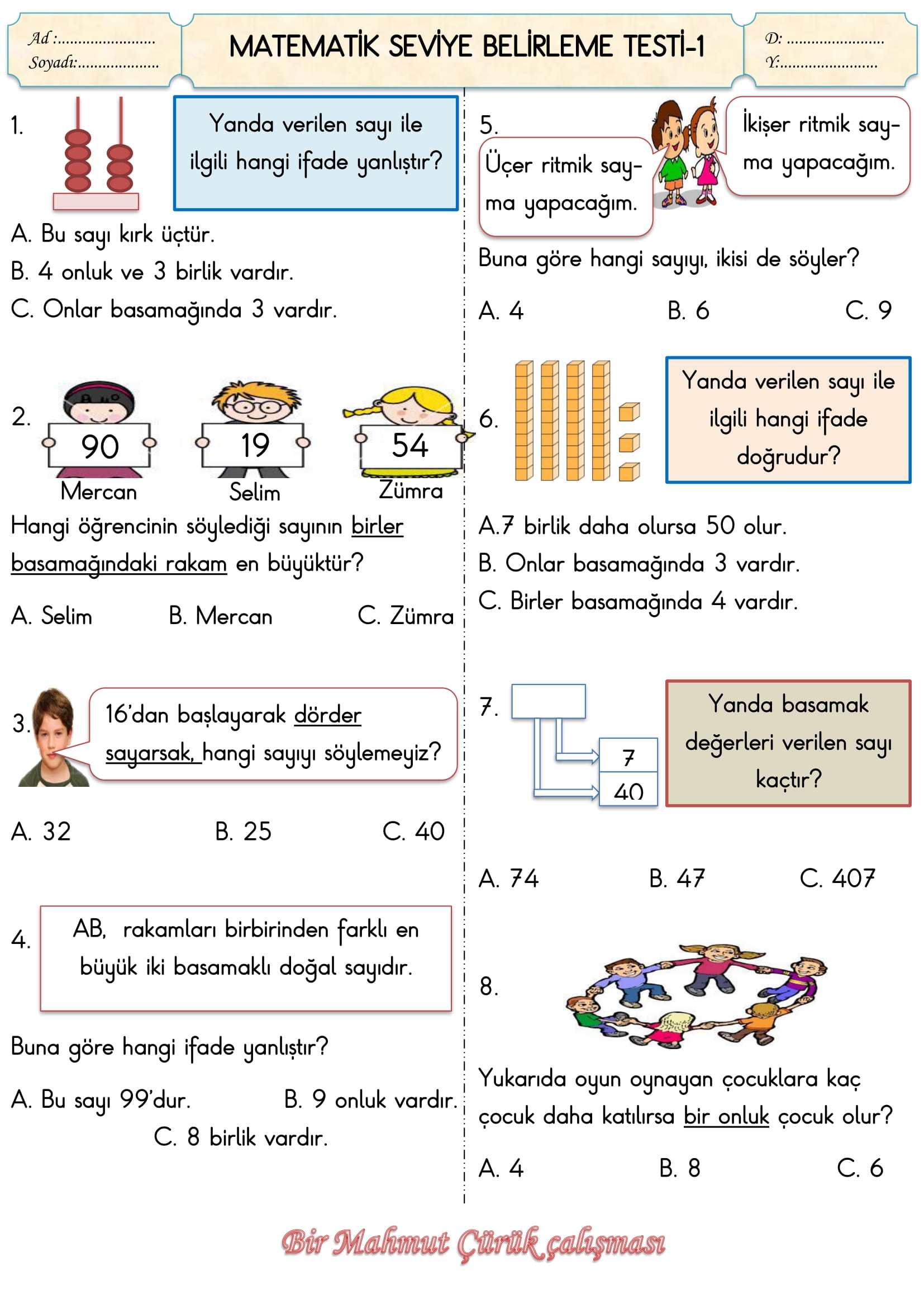 2.Sınıf Matematik Seviye Belirleme Testi-1