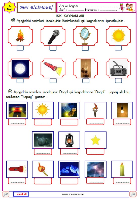 3. Sınıf Fen Bilimleri Işık Kaynakları Etkinliği