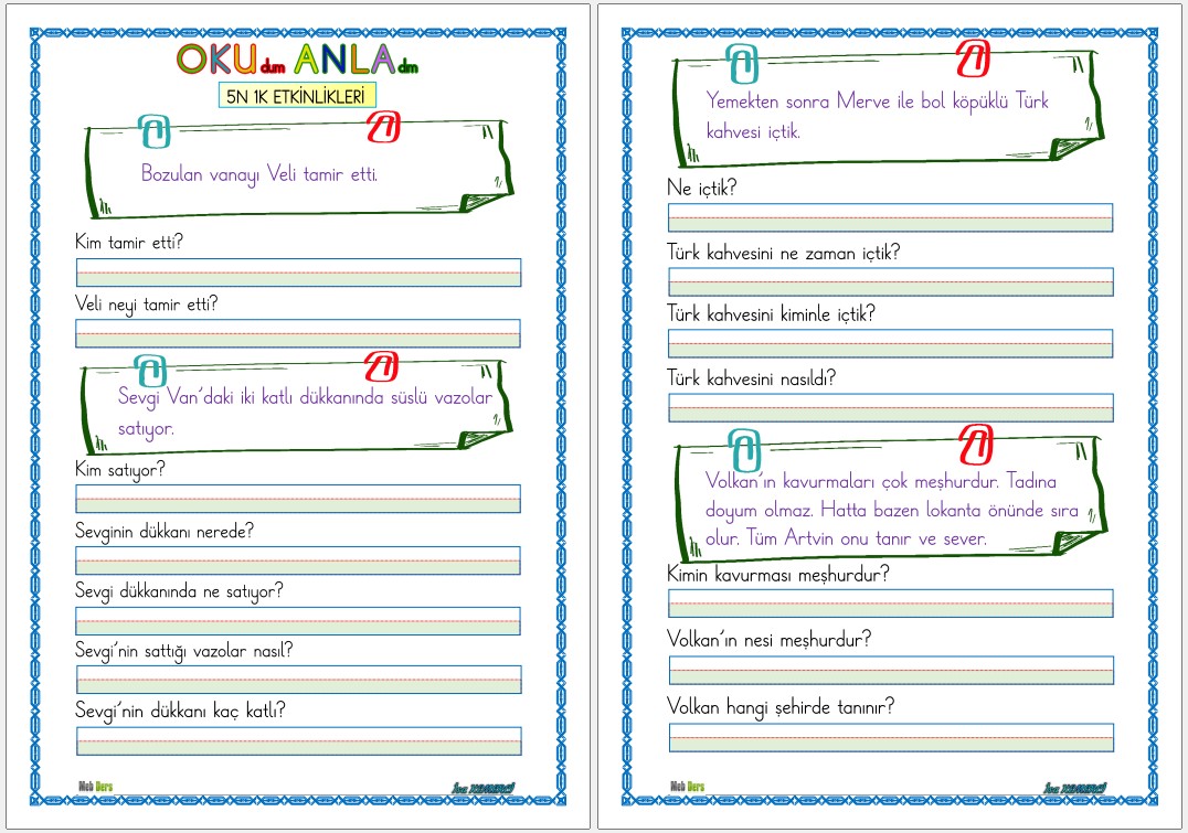 1. Sınıf İlk Okuma Yazma H Sesi OKUMA ANLAMA (5N 1K)