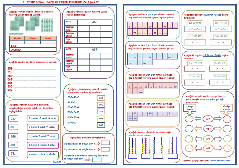 3.Sınıf Matematik Doğal Sayılar Değerlendirme Çalışması  (2 Sayfa)