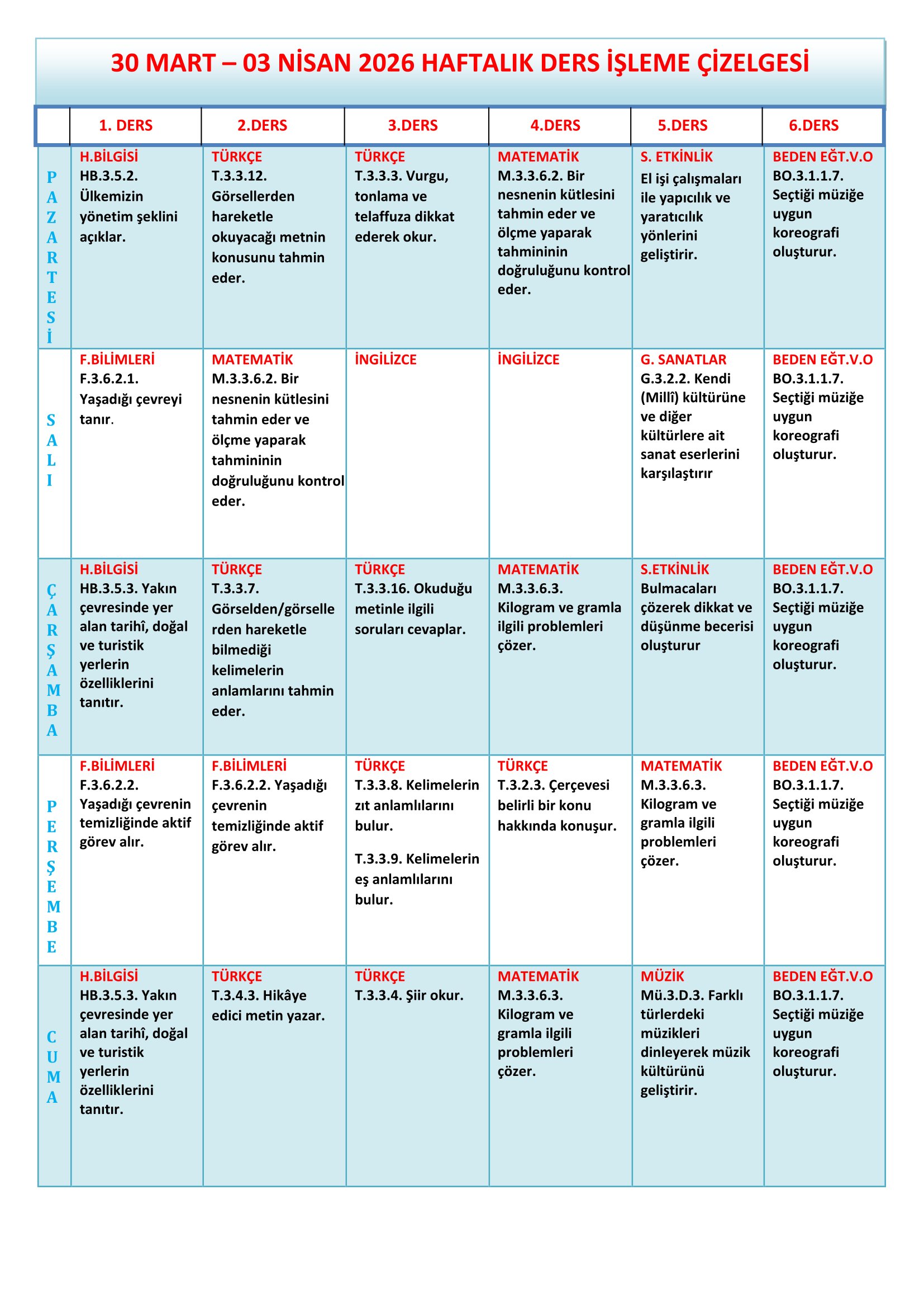 3.Sınıf 30 Mart - 03 Nisan 2026 Haftalık Ders İşleme Çizelgesi.doc