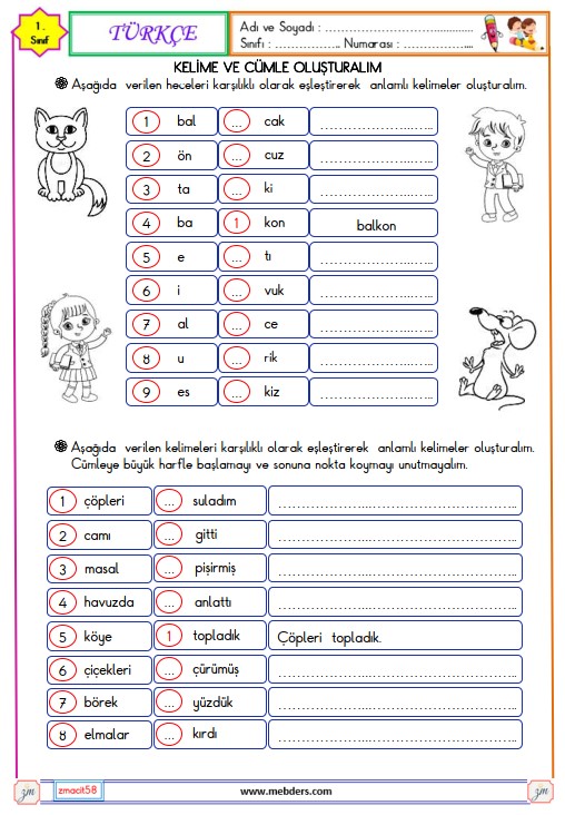 1. Sınıf Türkçe Kelime ve Cümle Oluşturma Etkinliği