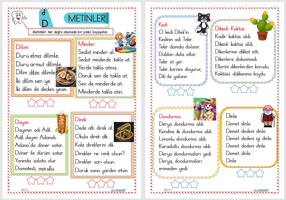 1. Sınıf İlk Okuma Yazma D - d Sesi METİNLER