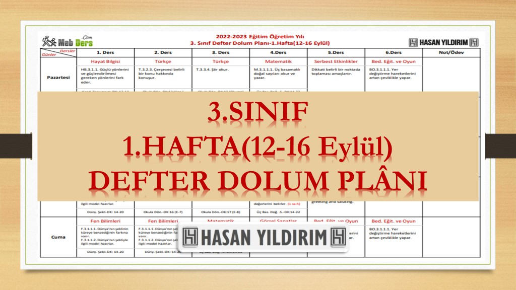 2022-2023 Eğitim Öğretim Yılı 3. Sınıf 1. Hafta (12-16 Eylül) Defter Dolum Planı