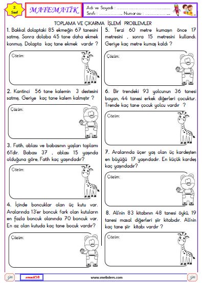 2. Sınıf Matematik Toplama ve Çıkarma İşlemi Problemleri Etkinliği 4