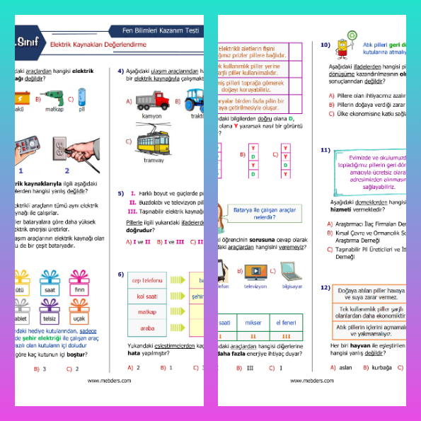 3. Sınıf Fen Bilimleri Elektrik Kaynakları Değerlendirme Testi