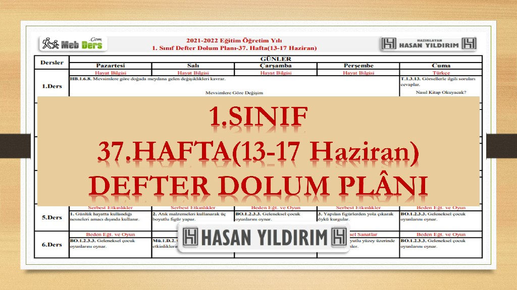 1.Sınıf 37.Hafta(13-17 Haziran) Defter Dolum Planı