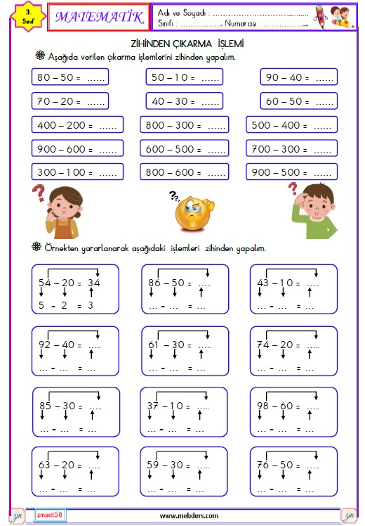 3. Sınıf Matematik Zihinden Çıkarma İşlemi Etkinliği 1