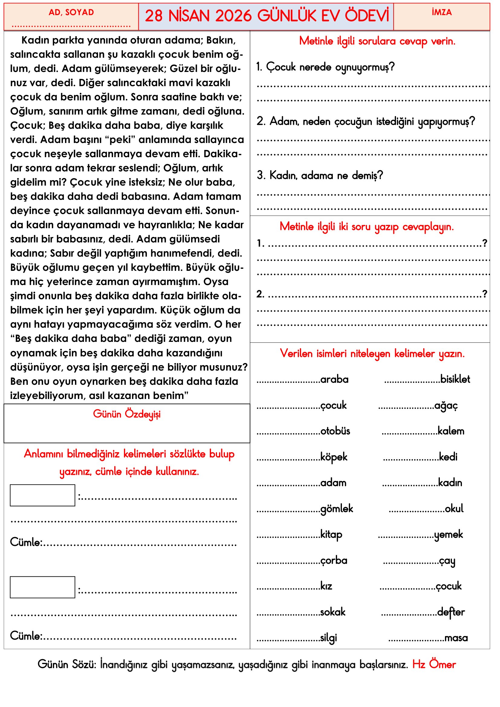 3.Sınıf - 28 Nisan 2026 Günlük Ev Ödevleri