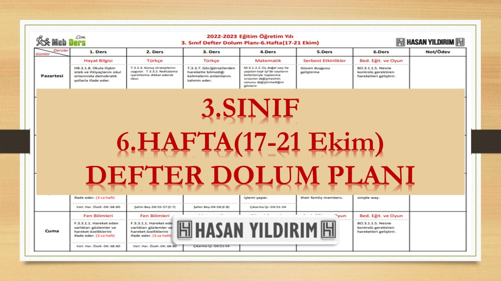 2022-2023 Eğitim Öğretim Yılı 3. Sınıf 6. Hafta (17-21 Ekim) Defter Dolum Planı