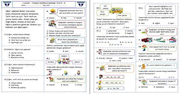 1.Sınıf - Türkçe Değerlendirme Testi - 5